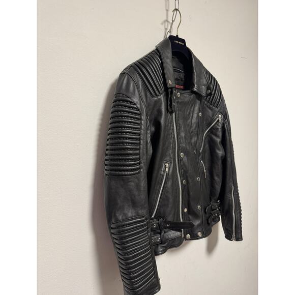 IK Leather Jacket Mens Large Black Biker Moto Asymmetrical Zip Quilted Ribbed - Picture 5 of 16